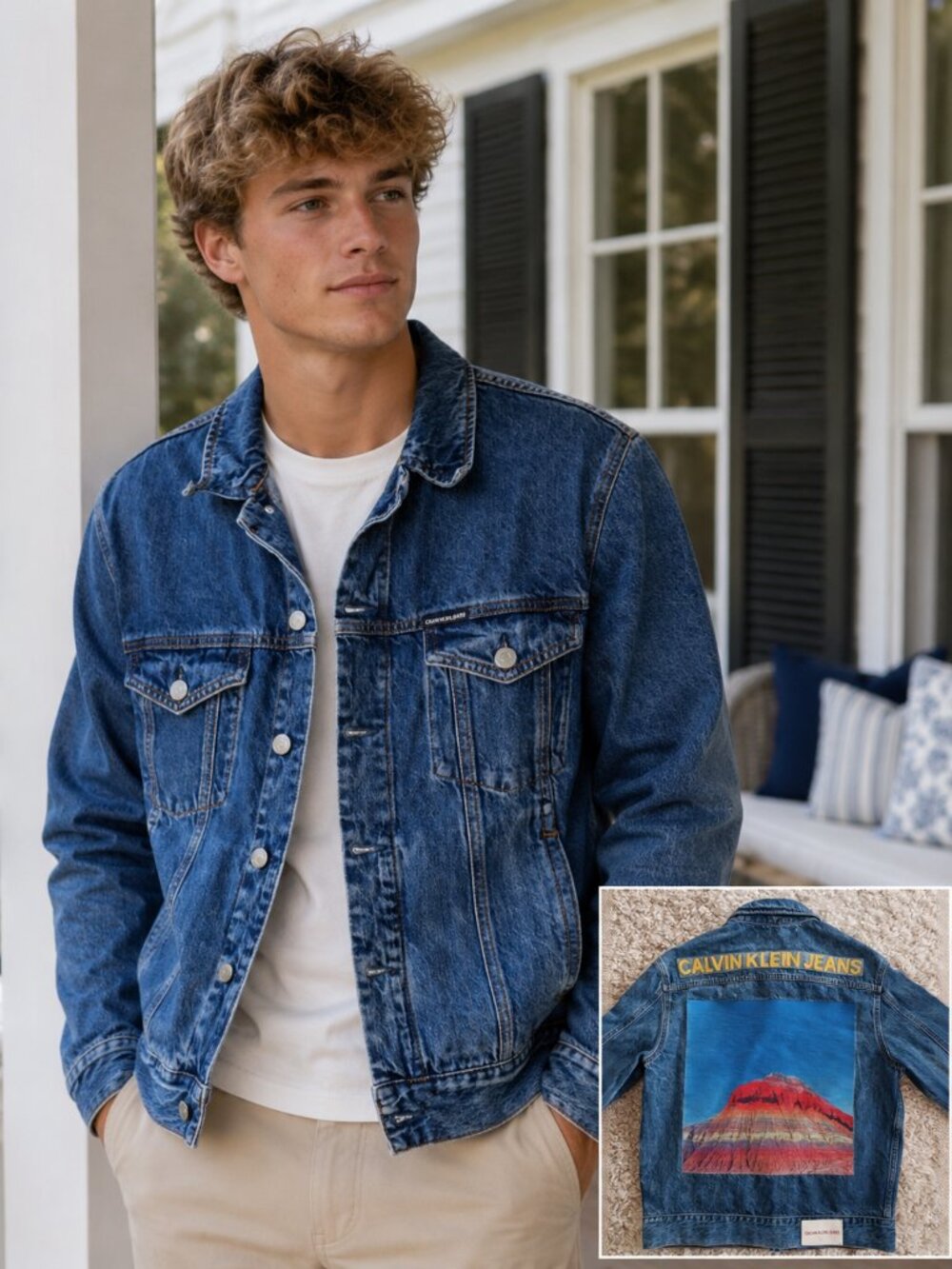Calvin Klein Denim Jacket Blue Mountain Embroidered Logo Size S Y2K Western